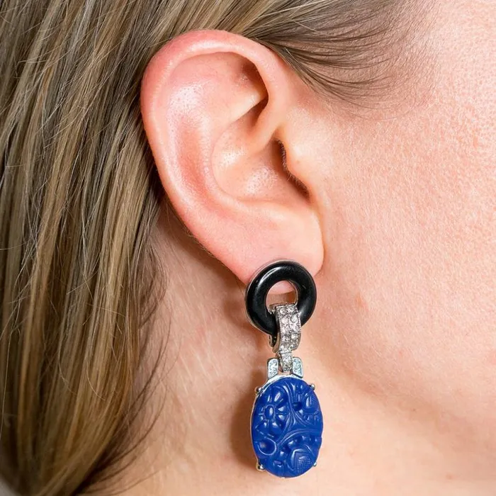 Kenneth Jay Lane Dark Color Earrings Women Black And Lapis Art Deco Pierced Or Clip Earrings Kenneth Jay Lane Dark Color Earrings Women Black And Lapis Art Deco Pierced Or Clip Earrings