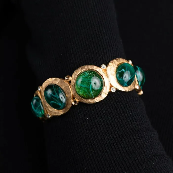 Kenneth Jay Lane Dark Color Gem Bracelets Women Flawed Emerald Cabochon Hinged Bangle