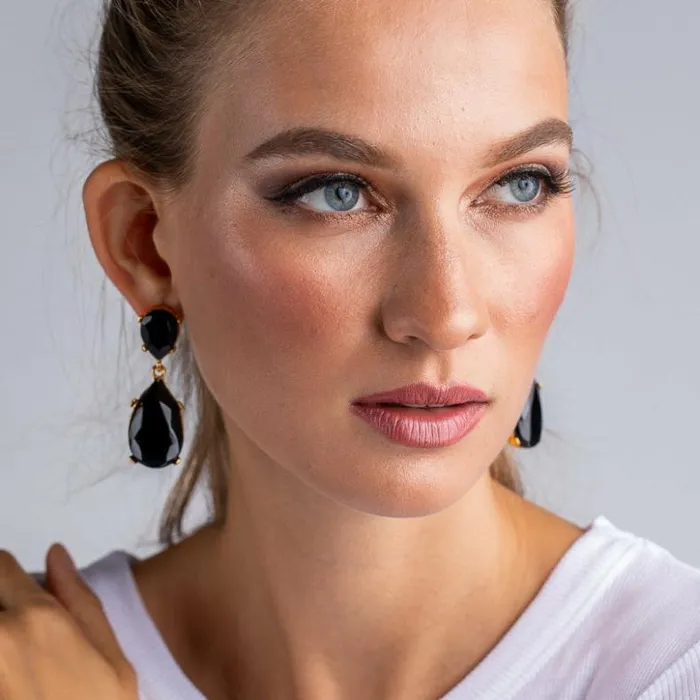 Kenneth Jay Lane Dark Color Gem Earrings Women Jet And Gold Teardrop Pierced Or Clip Earrings