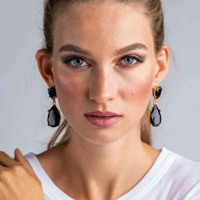 Kenneth Jay Lane Dark Color Gem Earrings Women Jet And Gold Teardrop Pierced Or Clip Earrings