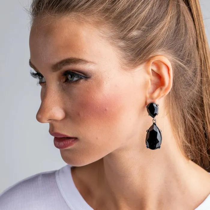 Kenneth Jay Lane Dark Color Gem Earrings Women Jet And Silver Teardrop Pierced Or Clip Earrings