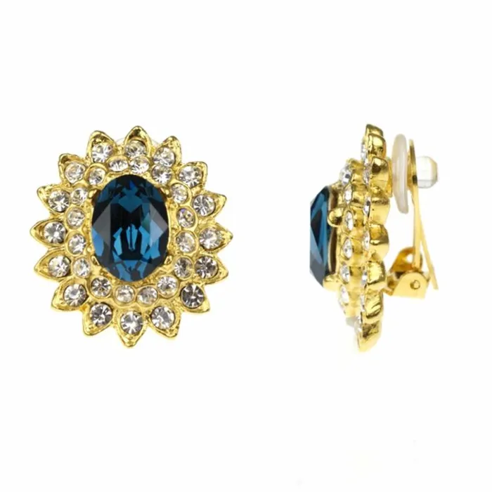 Kenneth Jay Lane Dark Color Gem Earrings Women Montana Sapphire and Crystal Oval Clip Earrings