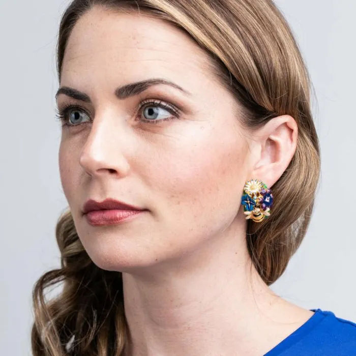 Kenneth Jay Lane Light Color Earrings Women Gold Multi Colored Flower Bug Clip Earrings