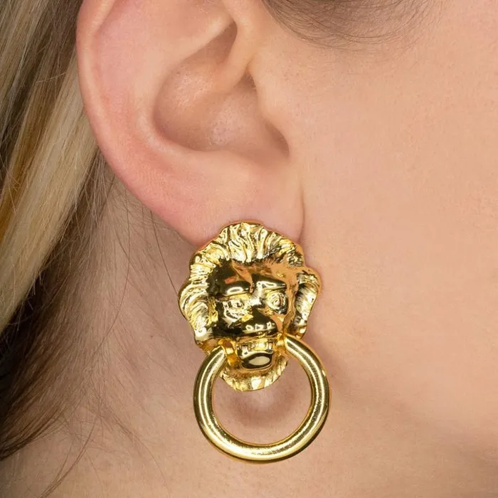 Kenneth Jay Lane Metallic Finish Earrings Women Lion Head Doorknocker Earrings