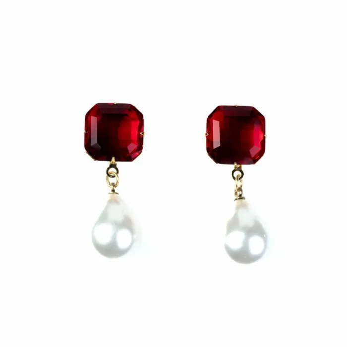 Kenneth Jay Lane Pearl Earrings Women Ruby Stone Pearl Drop Pierced Earrings
