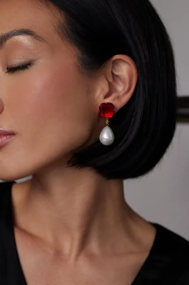 Kenneth Jay Lane Pearl Earrings Women Ruby Stone Pearl Drop Pierced Earrings Kenneth Jay Lane Pearl Earrings Women Ruby Stone Pearl Drop Pierced Earrings
