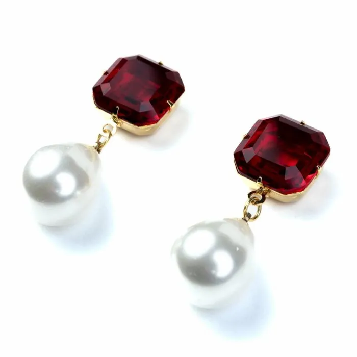 Kenneth Jay Lane Pearl Earrings Women Ruby Stone Pearl Drop Pierced Earrings Kenneth Jay Lane Pearl Earrings Women Ruby Stone Pearl Drop Pierced Earrings