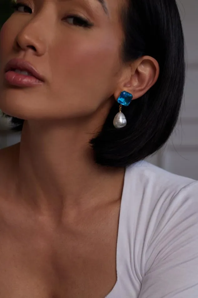 Kenneth Jay Lane Pearl Earrings Women Sapphire Stone Pearl Drop Pierced Earrings Kenneth Jay Lane Pearl Earrings Women Sapphire Stone Pearl Drop Pierced Earrings