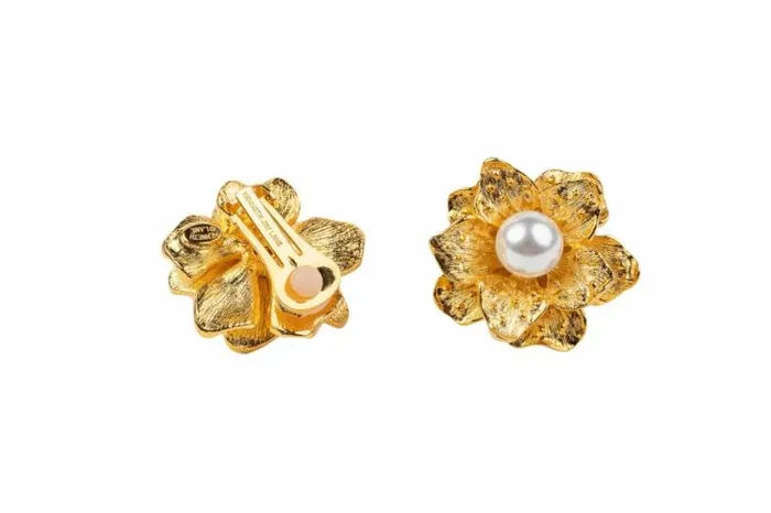 Kenneth Jay Lane Pearl Earrings Women Satin Gold Flower With Pearl Clip Earring
