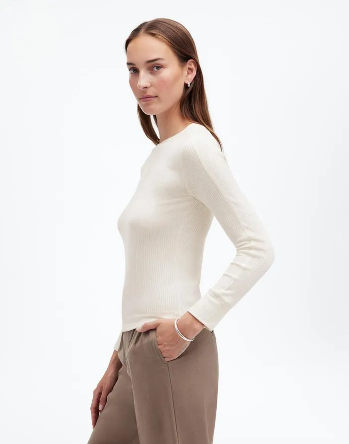 Madewell Ribbed Crewneck LongSleeve Tee Hthr Cream Women Tees