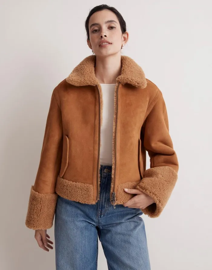 Madewell Shearling ZipFront Jacket Toffee Women Coats Jackets