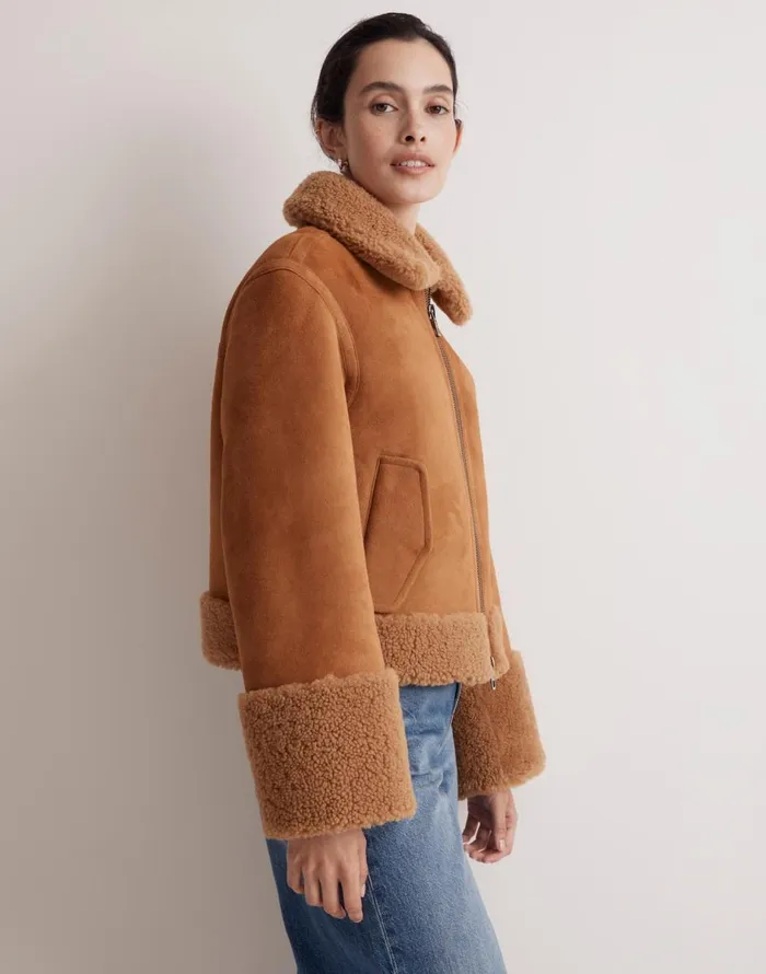 Madewell Shearling ZipFront Jacket Toffee Women Coats Jackets