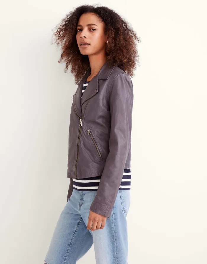 Madewell Washed Leather Motorcycle Jacket Brass Hardware Edition Sunfaded Indigo Women Coats Jackets