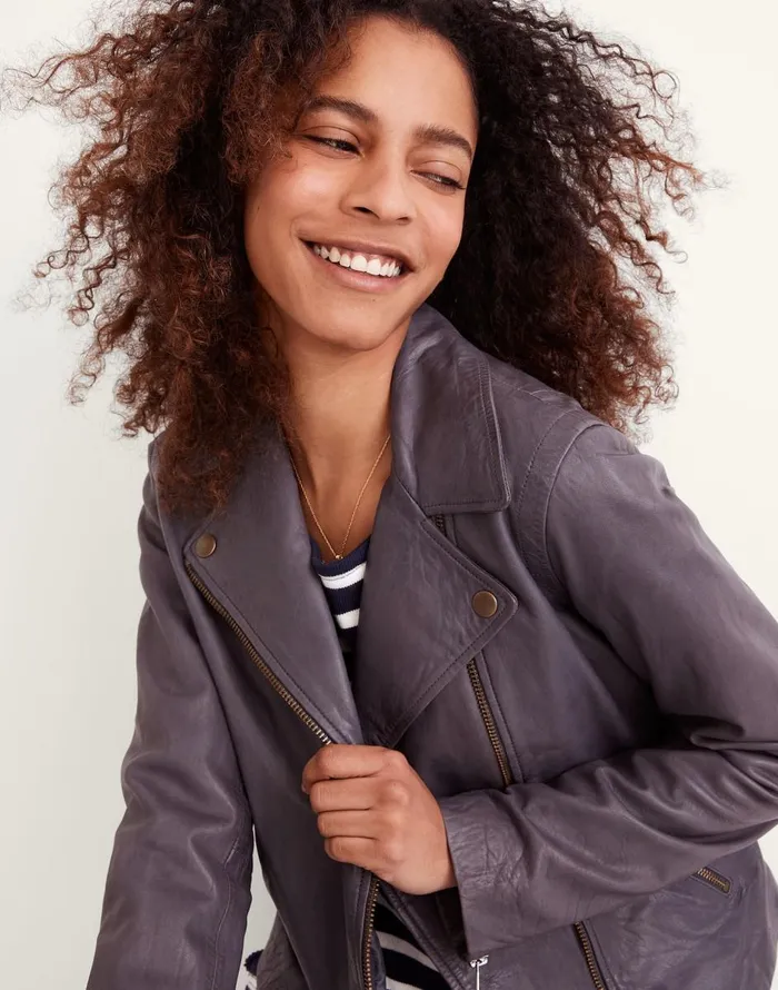Madewell Washed Leather Motorcycle Jacket Brass Hardware Edition Sunfaded Indigo Women Coats Jackets