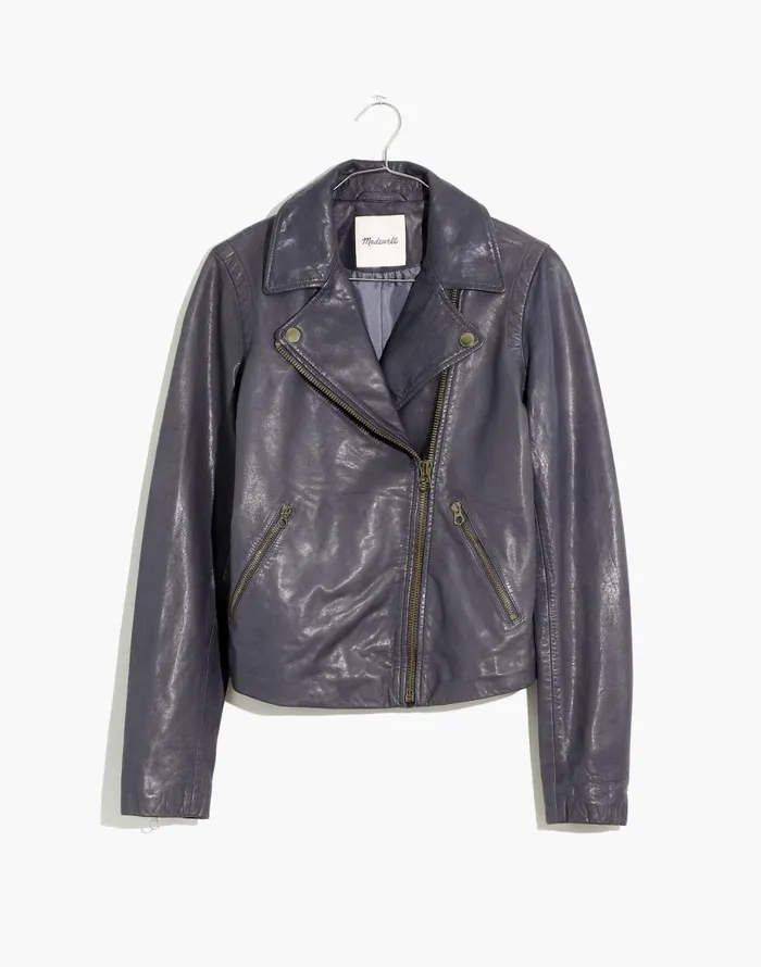 Madewell Washed Leather Motorcycle Jacket Brass Hardware Edition Sunfaded Indigo Women Coats Jackets