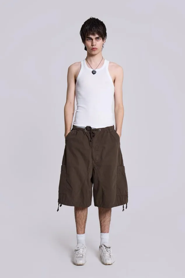 Men Brown Oversized Cargo Shorts Jaded London Parachute Pants