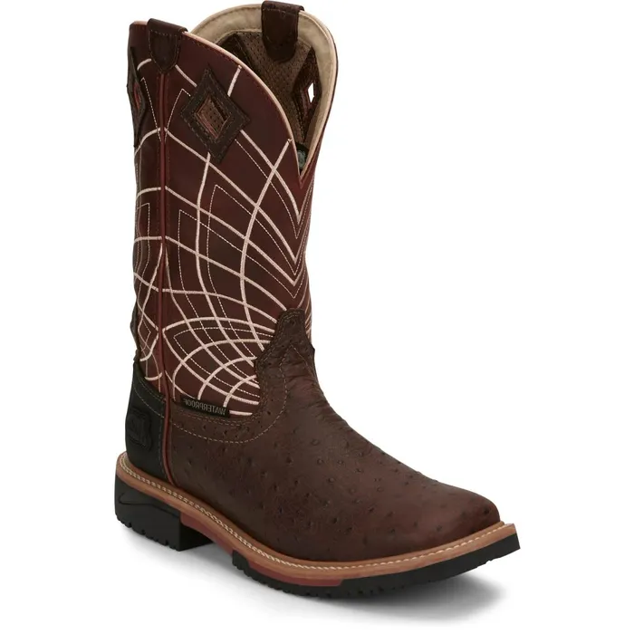 MEN Derrickman 12034 Waterproof Brown Ostrich Print Justin Boots Work