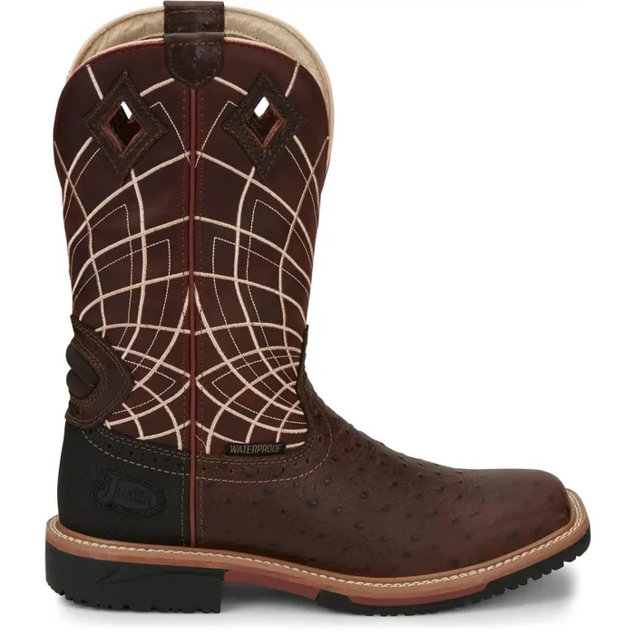 MEN Derrickman 12034 Waterproof Brown Ostrich Print Justin Boots Work