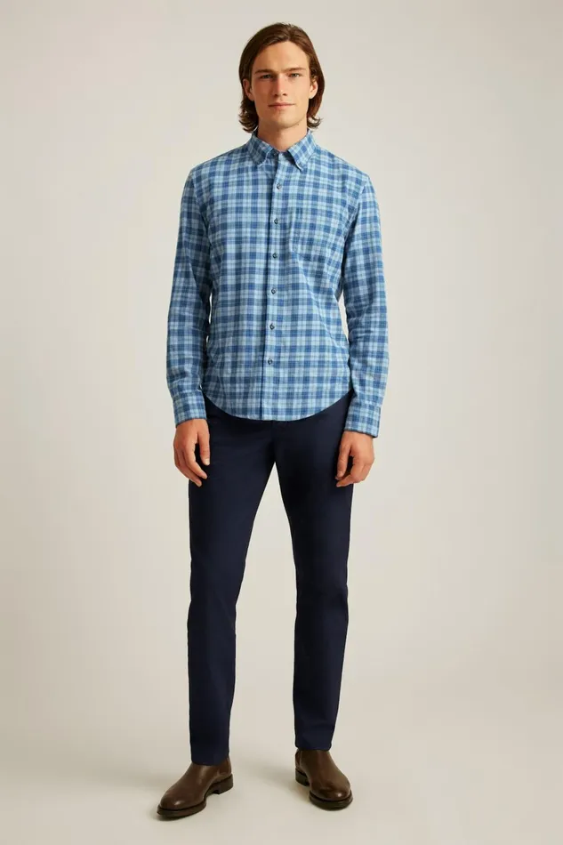 Men Everyday Lightweight Flannel Shirt Heather Blue Heywood Plaid Bonobos Casual Shirts