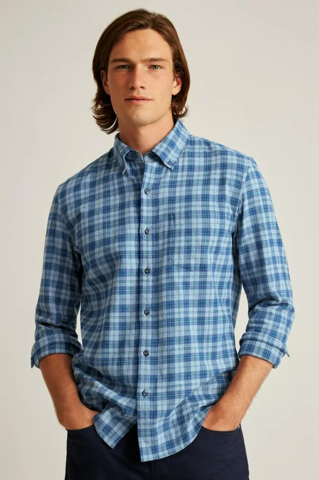 Men Everyday Lightweight Flannel Shirt Heather Blue Heywood Plaid Bonobos Casual Shirts