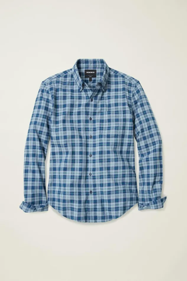 Men Everyday Lightweight Flannel Shirt Heather Blue Heywood Plaid Bonobos Casual Shirts