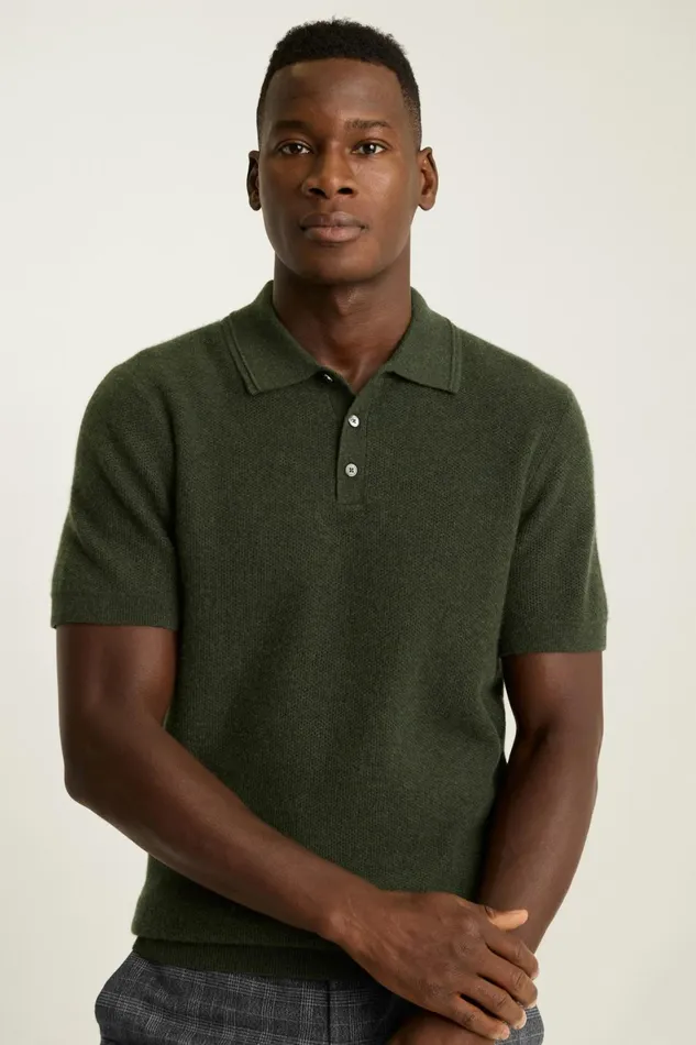 Men Hudson Cashmere Sweater Polo Dark Green Honeycomb Bonobos Sweater Polos