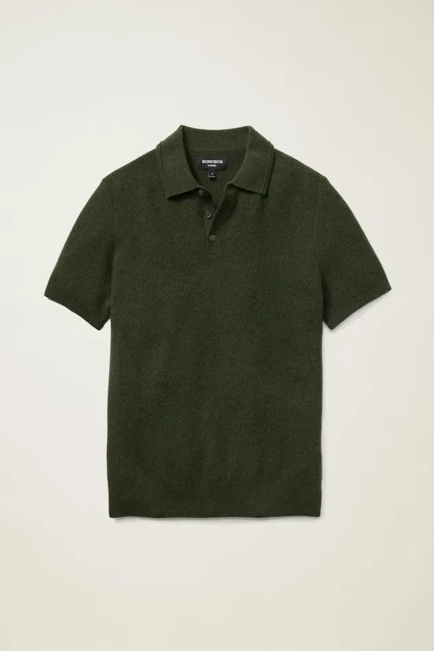 Men Hudson Cashmere Sweater Polo Dark Green Honeycomb Bonobos Sweater Polos