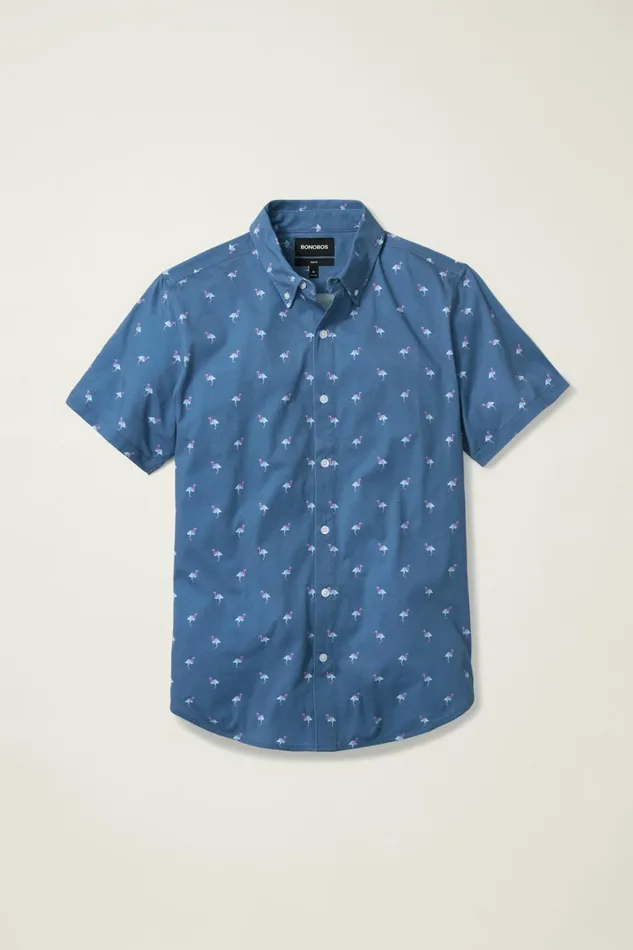 Men Jersey Riviera Shirt Navy Pink Flamingos Bonobos Short Sleeve Shirts