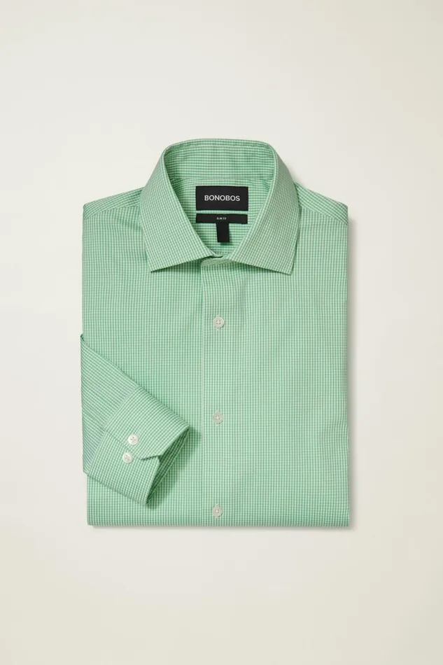 Men Jetsetter Stretch Dress Shirt Green Mini Gingham Bonobos Business Casual Shirts