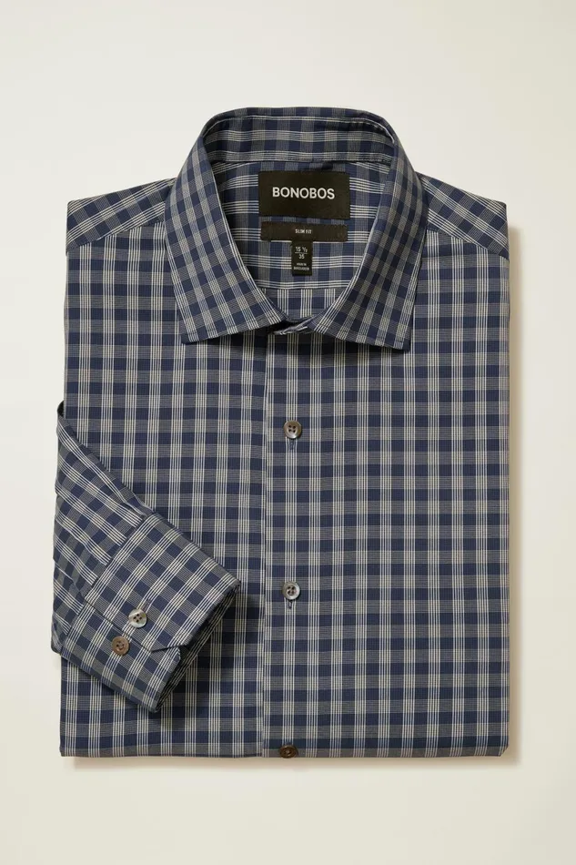 Men Jetsetter Stretch Dress Shirt Navy Ross Plaid Bonobos Business Casual Shirts