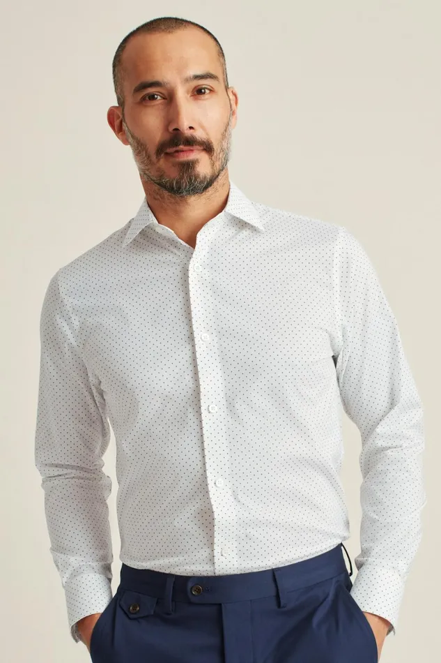 Men Jetsetter Stretch Dress Shirt White Navy Dot Bonobos Business Casual Shirts