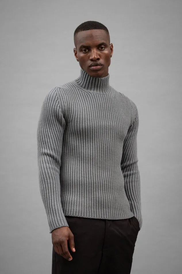Men Norse Projects Knitwear Hybrid Rib Mock Neck Stretch Wool Warm Grey