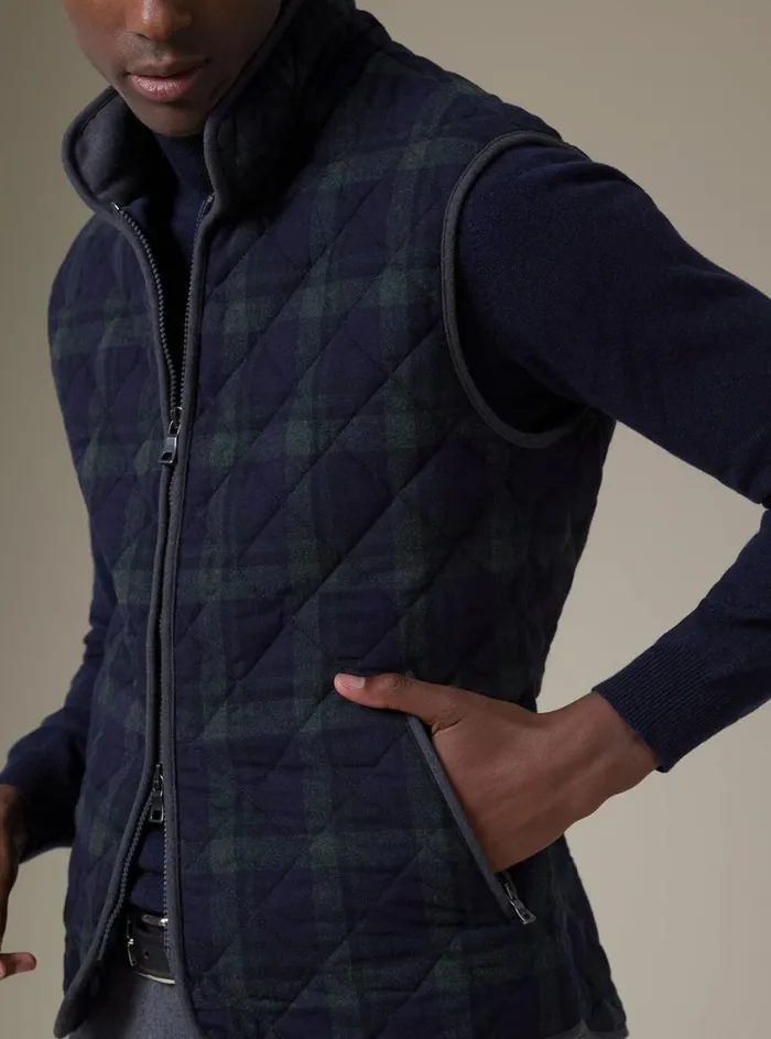 Men Paul Stuart Outerwear Quilted Wool Plaid Vest Navygreen
