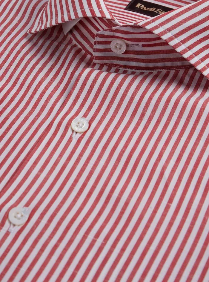 Men Paul Stuart Sport Shirts Bengal Stripe Cotton and Linen Sport Shirt Red