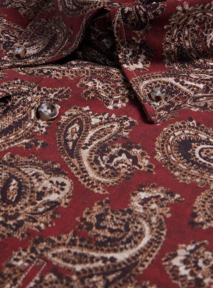 Men Paul Stuart Sport Shirts Cotton Paisley Print Sport Shirt Burgundy