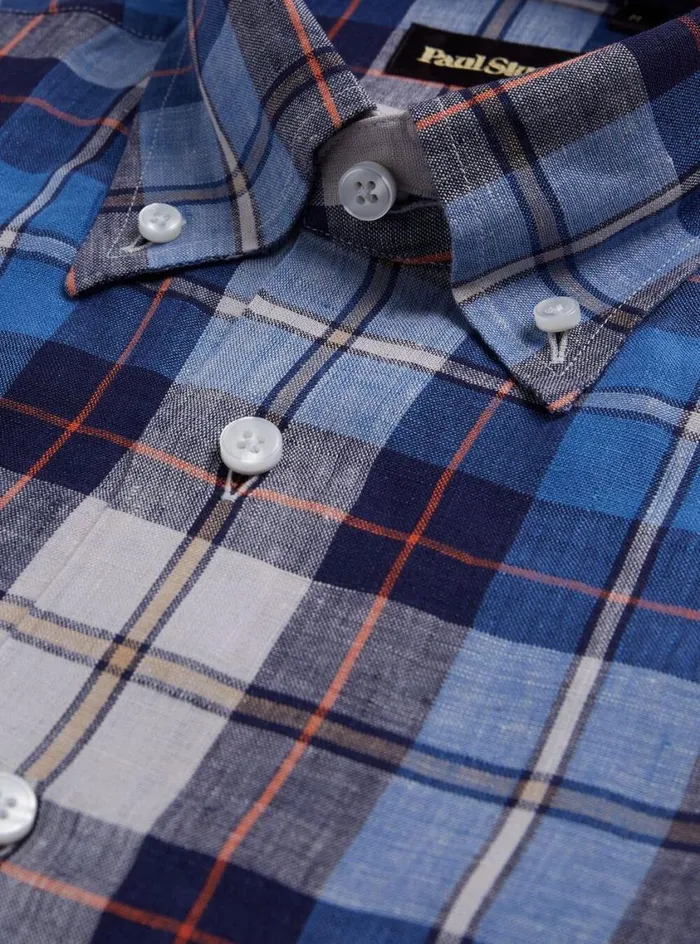 Men Paul Stuart Sport Shirts Linen Plaid Sport Shirt Bluered