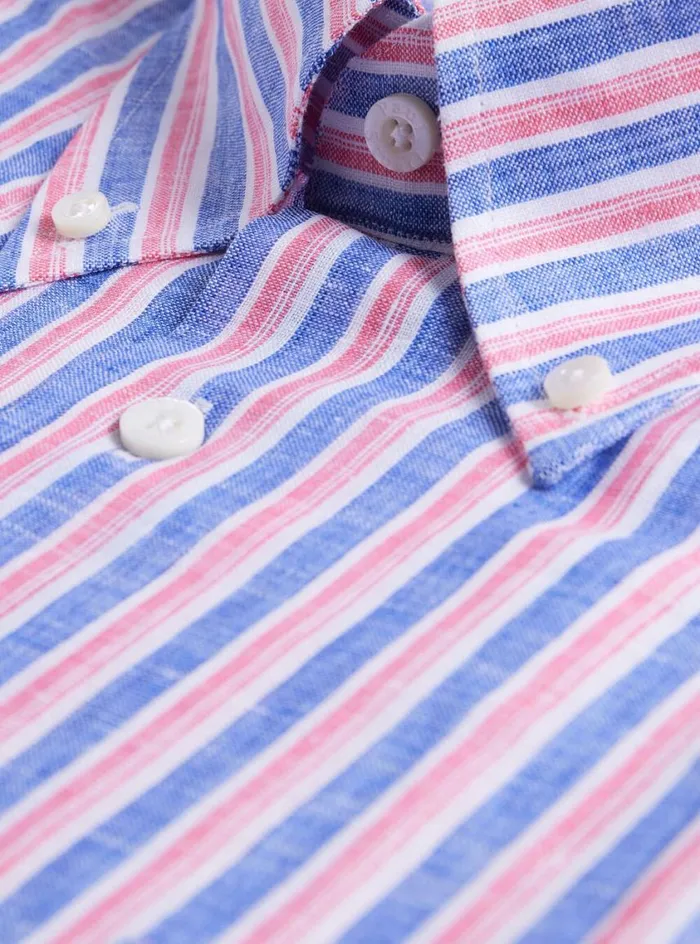 Men Paul Stuart Sport Shirts Linen Shadow Stripe Sport Shirt Bluered