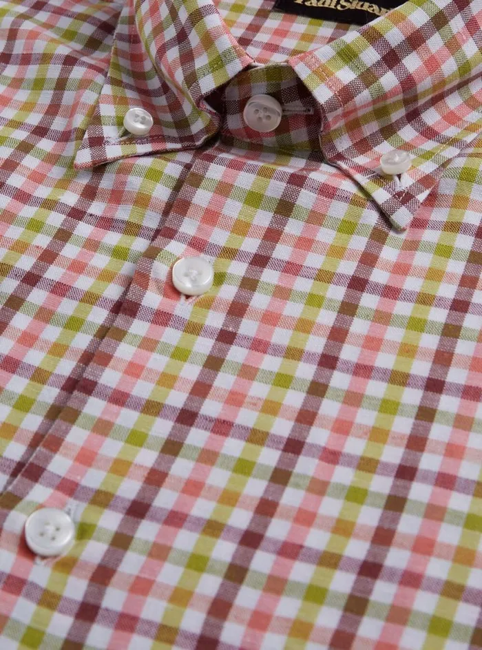 Men Paul Stuart Sport Shirts Linen Small Check Sport Shirt Burgundylime