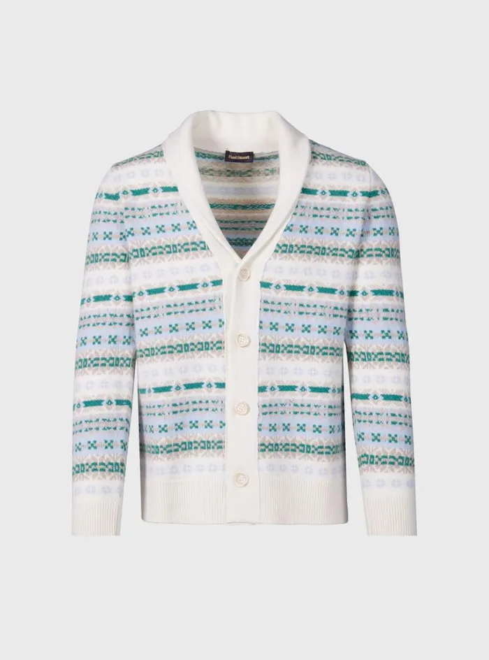 Men Paul Stuart Sweaters Fair Isle Button Front Cardigan Arctic
