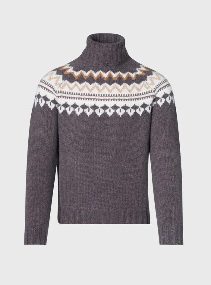 Men Paul Stuart Sweaters Fair Isle Turtleneck Sweater Dark Brown