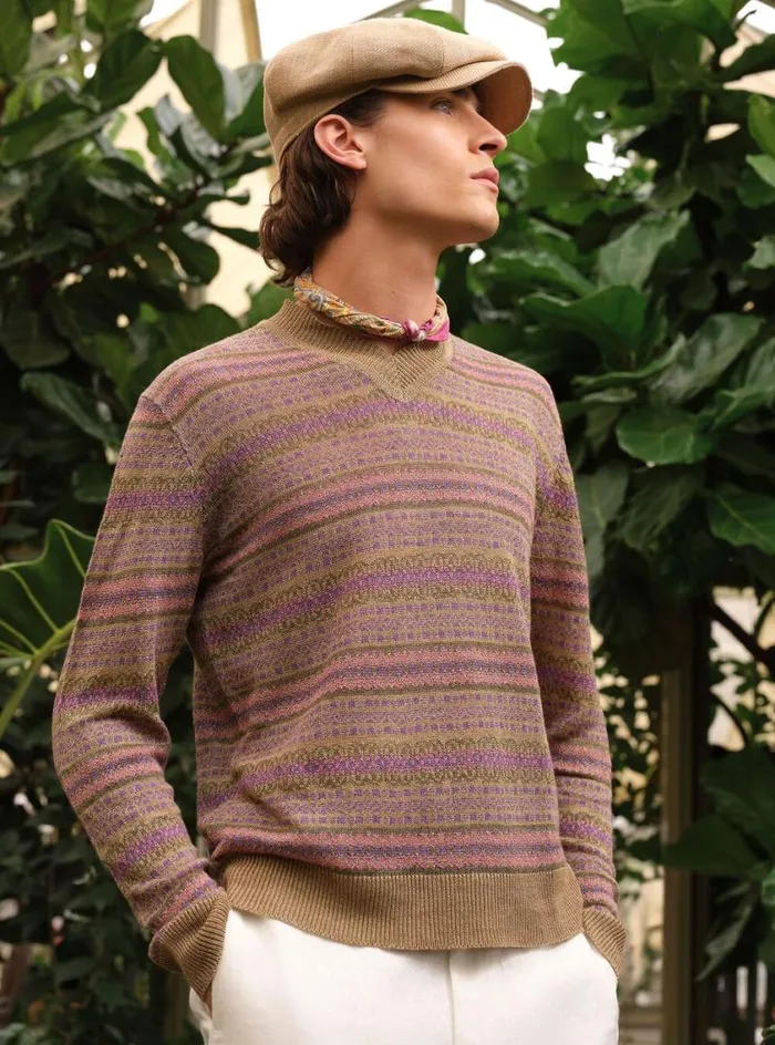 Men Paul Stuart Sweaters Linen Fair Isle Vneck Sweater Natural