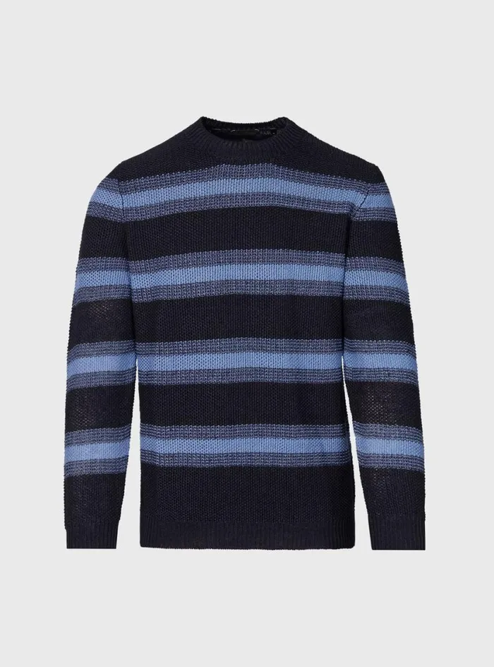 Men Paul Stuart Sweaters Linen Mlange Stripe Crewneck Sweater Navylight Blue