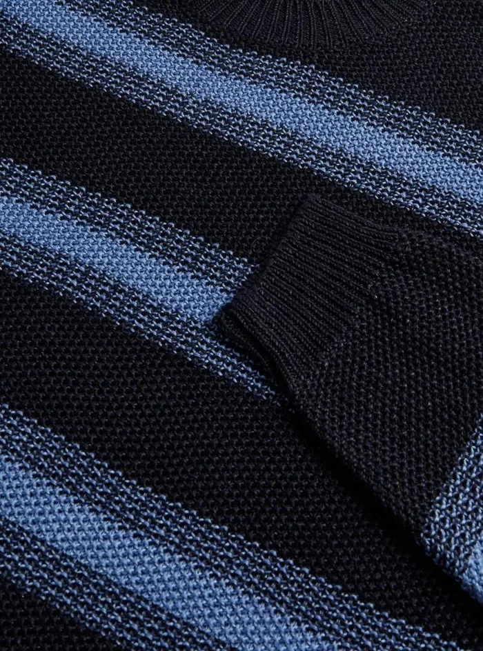 Men Paul Stuart Sweaters Linen Mlange Stripe Crewneck Sweater Navylight Blue