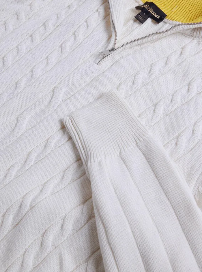 Men Paul Stuart Sweaters Quarter Zip Cable Knit Sweater Creamyellow