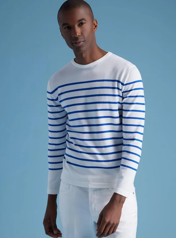 Men Paul Stuart Sweaters Striped Crewneck Sweater Whiteblue