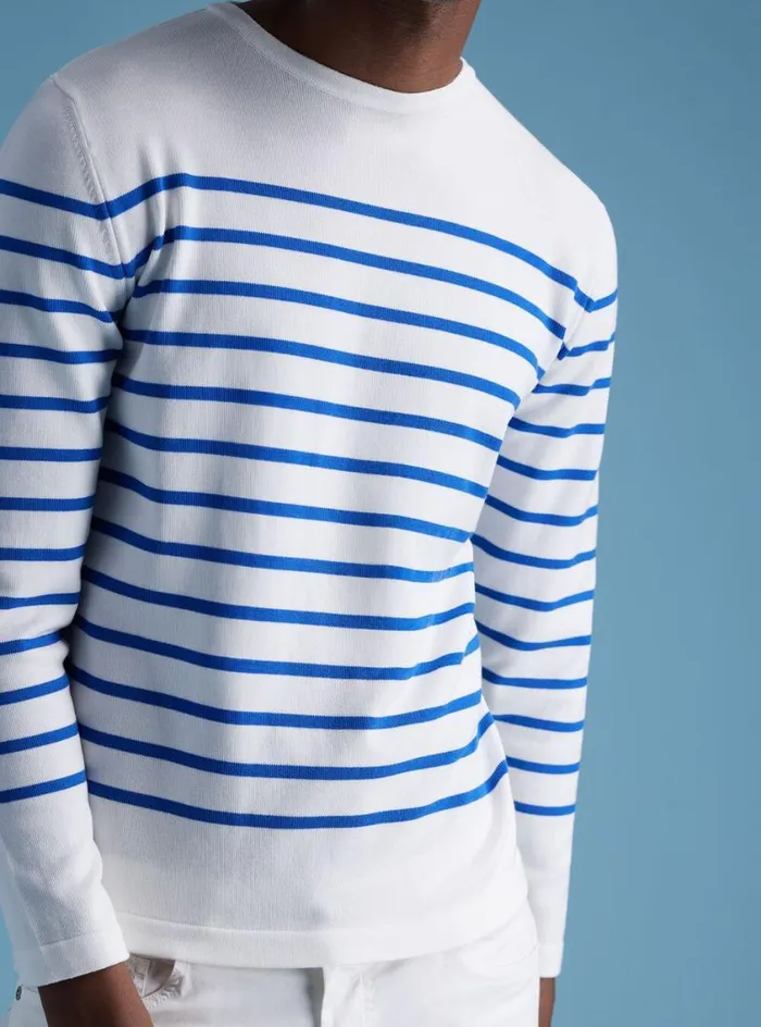 Men Paul Stuart Sweaters Striped Crewneck Sweater Whiteblue