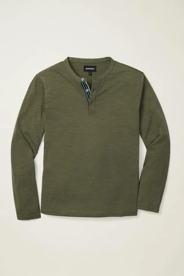 Men Performance Merino Long Sleeve Henley Olive Green Bonobos Henleys