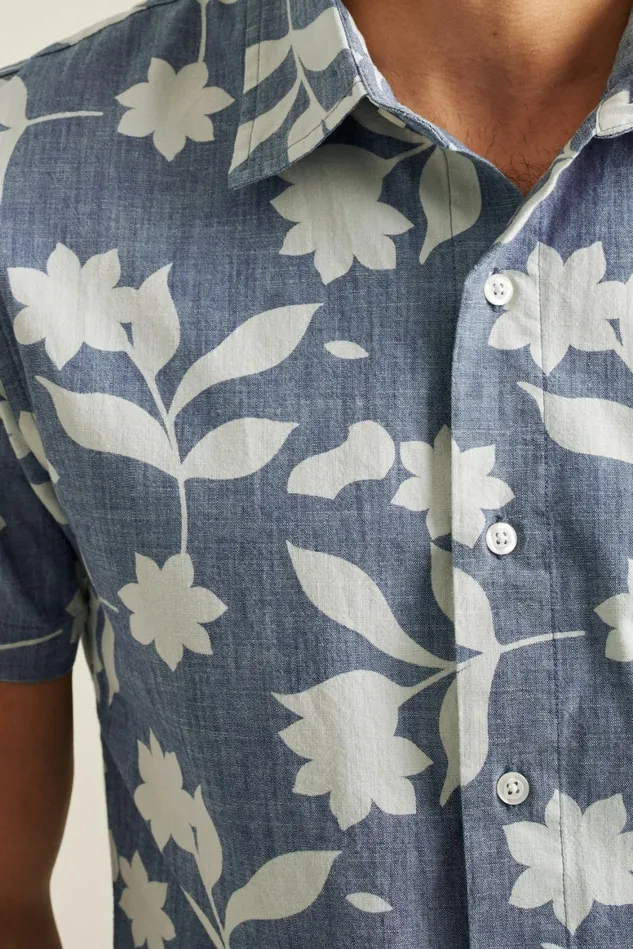 Men Riviera Short Sleeve Shirt Blue Chambray Floral Stamp Bonobos Casual Shirts