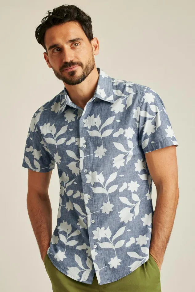 Men Riviera Short Sleeve Shirt Blue Chambray Floral Stamp Bonobos Casual Shirts