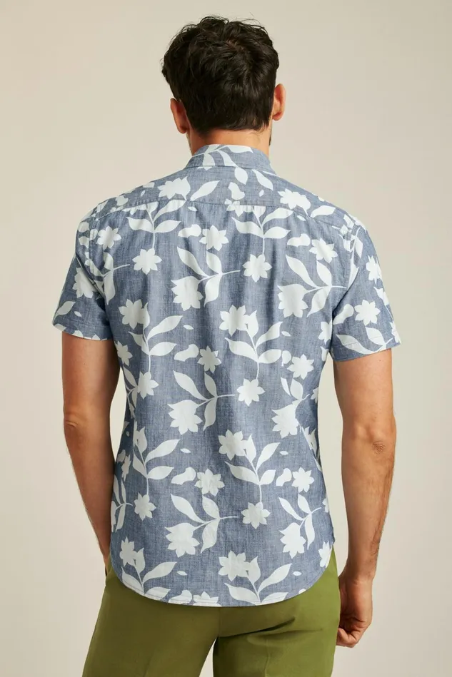 Men Riviera Short Sleeve Shirt Blue Chambray Floral Stamp Bonobos Casual Shirts